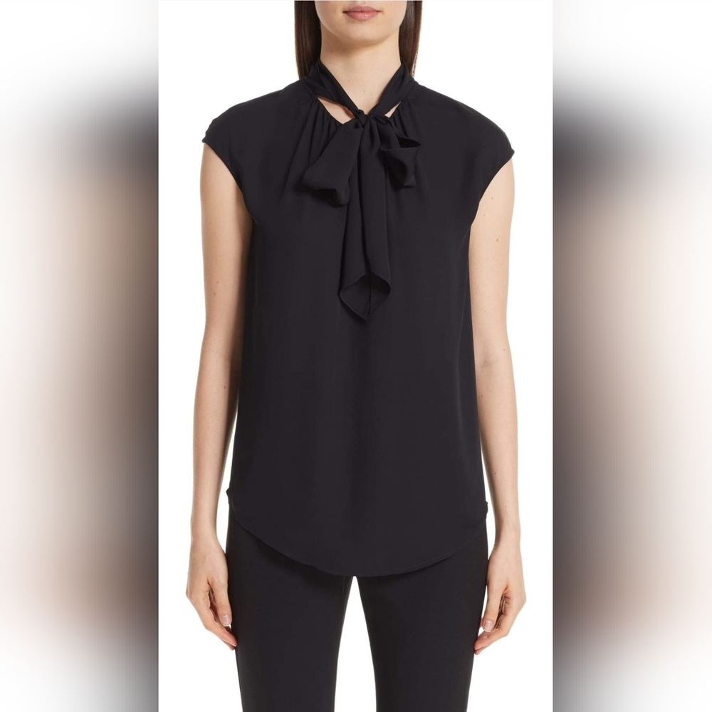 St. John Collection Tie Neck Double Silk Georgette Blouse Caviar Black S…